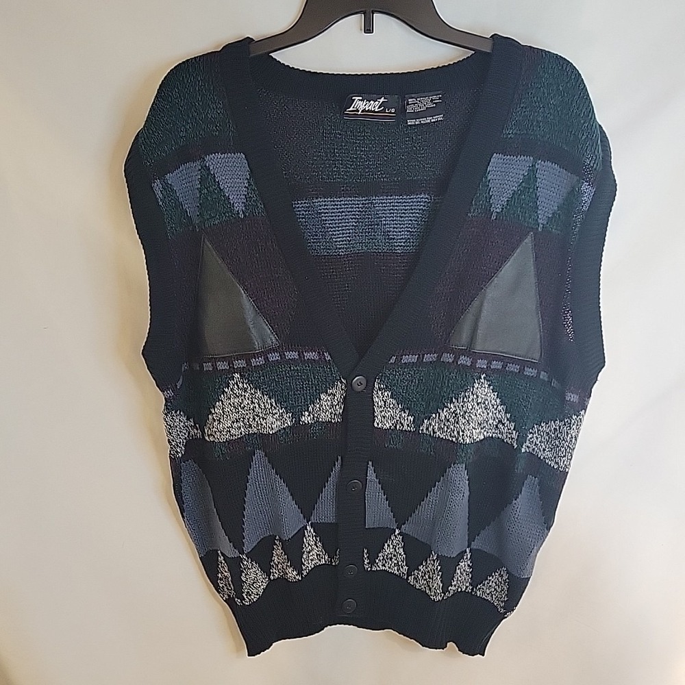 Impact Vintage 80s Button Up Sweater Vest Geometric Grandpa Leather Trim Men's L